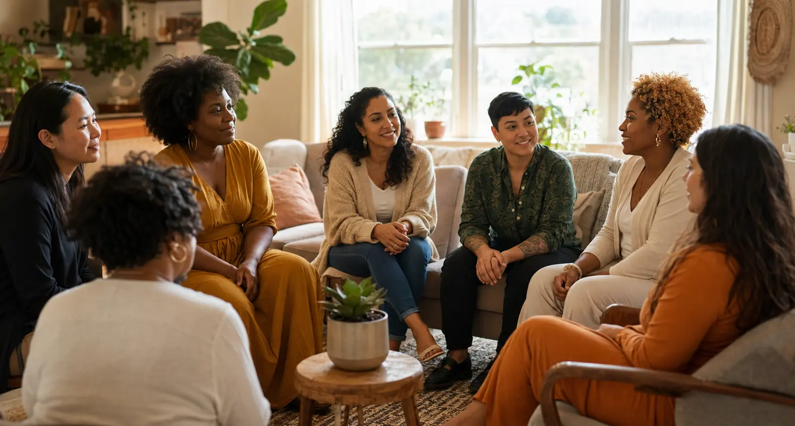 Diverse adults sitting together in a calm home-like recovery support setting.