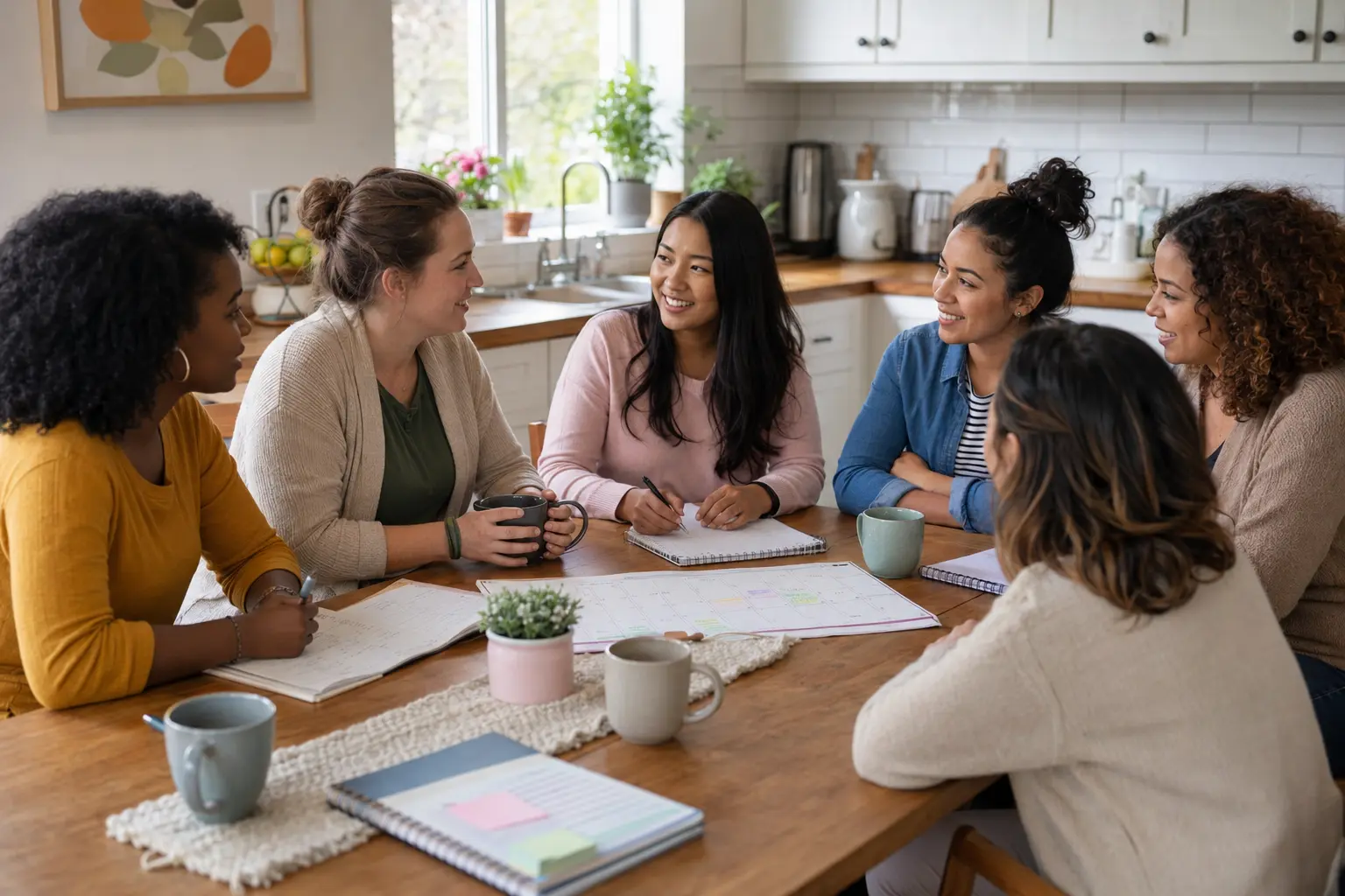 Multiracial residents sharing a routine-planning conversation around a kitchen table.