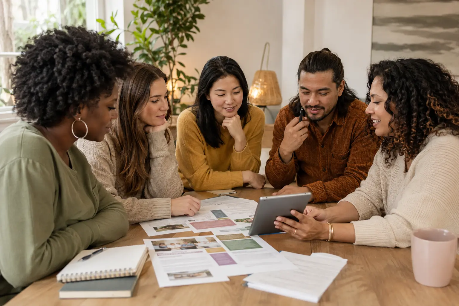 Diverse adults reviewing recovery resources together.